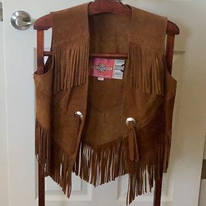 Ms. Pioneer tan suede leather vest with fringes. Size 12.